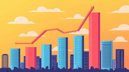 Obraz premium Rising Sales Graph Against Cityscape Background Illustrating Growth Trends and Commerce in a Vibrant Urban Setting at Sunset