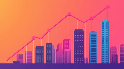Urban Sales Growth Visualization with Rising Graph Overlaying Cityscape in Vibrant Colors
