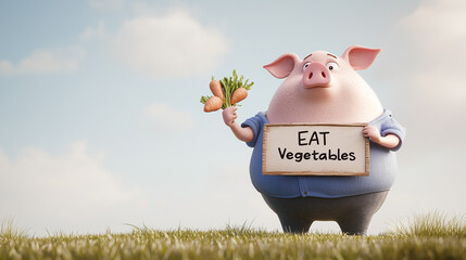 Cute pig holding a sign with "Eat Vegetables," standing on grass. Cheerful banner promoting healthy eating.banner web flyer poster design