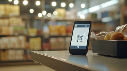 Smartphone Shopping App Displayed in Grocery Store Setting