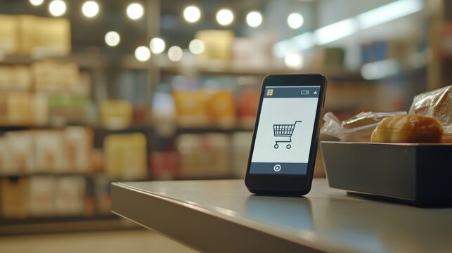 Smartphone Shopping App Displayed in Grocery Store Setting