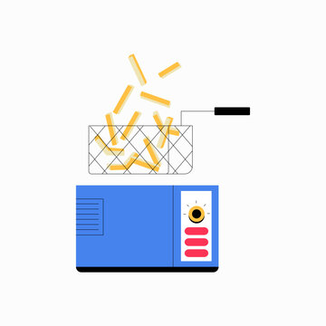 Deep fryer with fries in flat vector illustration symbolizing fast food, cooking process, and fried snacks, isolated on white background.