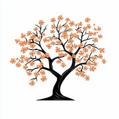 Silhouette of a blossoming cherry tree against a white background.  Blooming branches display orange blossoms.  Dark, stylized trunk and roots are visible.  Simple, decorative design.