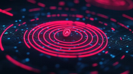 Obraz premium Abstract Symbol Representing User Profiles, Formed by Floating Circles and Digital Elements in a Vibrant Red and Blue Color Scheme