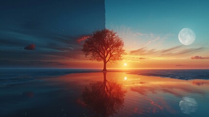 Fototapeta premium Silhouette of a tree at the edge of a body of water with a starry sky and a full moon in the distance. AI generative. .