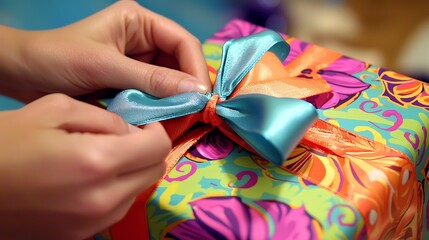 A person is wrapping a gift with a blue ribbon