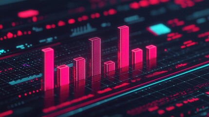 Obraz premium High-Tech Pixel Art Illustration of Marketing Metrics Displaying Growing Graph with Vibrant Neon Colors for Data Analysis and Visualization