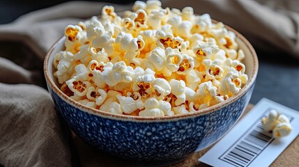 A bowl of buttery popcorn sitting next to a movie ticket stub, ready for a night in front of the screen. 