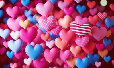 vibrant collection of colorful heart shapes in various patterns and shades, creating lively and romantic atmosphere. hearts are floating against soft, blurred background