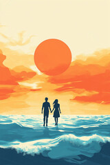 Silhouette of a couple holding hands walking along the ocean waves during a vibrant sunset with a glowing sky