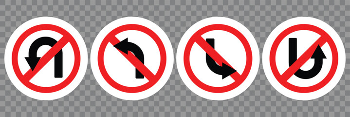 Prohibition traffic road sign. Do not go this way icon collection. Road traffic red prohibitory sign icon. No U-Turn, No Left and Right Turn, One-Way Traffic, and No Entry. Vector Illustration. 