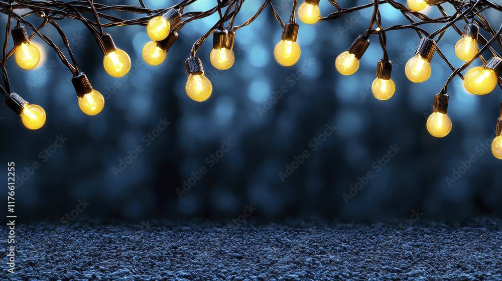 Poster bright yellow string lights illuminate dark background, creating warm and inviting atmosphere perfec