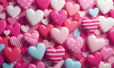 vibrant assortment of colorful heart shapes in various patterns and sizes creates lively and romantic background. mix of pink, red, white, and blue hearts adds playful and cheerful atmosphere