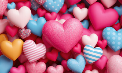 Fototapeta premium vibrant assortment of colorful hearts in various sizes and patterns creates lively and cheerful background, perfect for themes of love and celebration