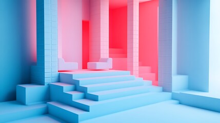Obraz premium Abstract Pastel Blue Pink Room Design With Floating Chairs And Stairs