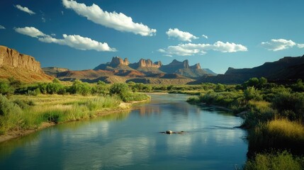 Obraz premium Breathtaking arid desert landscape with majestic towering mountains a tranquil flowing river