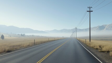 Fototapeta premium Photorealistic Long stretch of empty road leading towards misty mountains, cut out