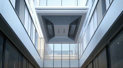 Fototapeta premium Modern building interior; ceiling air vent, glass walls.