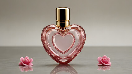 Cute pink heart shaped bottle for perfume cosmetics next to two small pink flowers on gray background