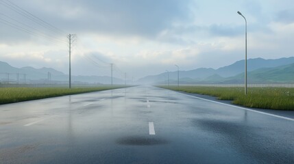 Photorealistic Long stretch of empty road leading towards misty mountains, cut out