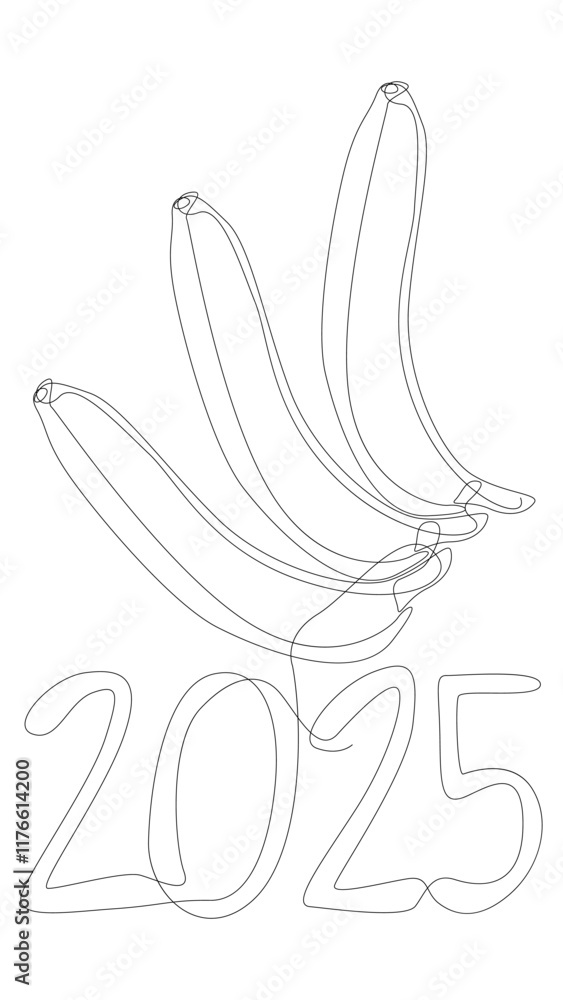 Poster one continuous line of banana with number 2025. thin line illustration vector concept. contour drawi