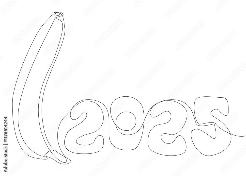 Aufkleber one continuous line of banana with number 2025. thin line illustration vector concept. contour drawi