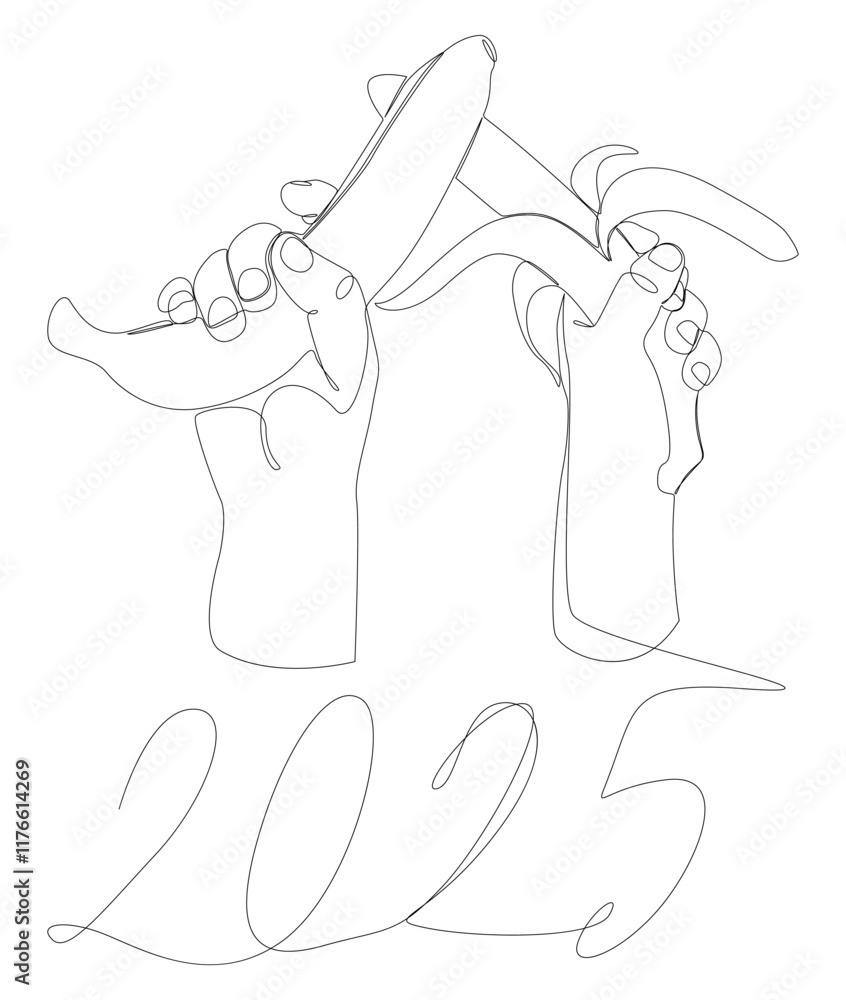 Aufkleber one continuous line of banana with number 2025. thin line illustration vector concept. contour drawi