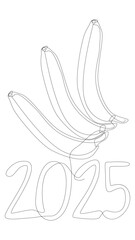 One continuous line of Banana with number 2025. Thin Line Illustration vector concept. Contour Drawing Creative ideas.