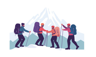 Naklejka premium Climbers Teamwork Adventure in Mountains Helping Each Other Hiking Vector Illustration