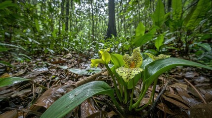 A vibrant, untouched Amazonian rainforest scene brimming with rare flora and rich biodiversity. Giant leaves form a natural canopy, with orchids and ferns decorating the forest floor. Vines spiral aro
