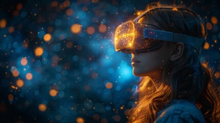 A woman wearing VR headset with glowing particles in the background. AI generative. .