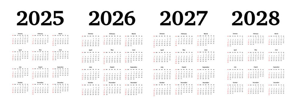 Set of calendars for 2025, 2026, 2027 and 2028 on a white background