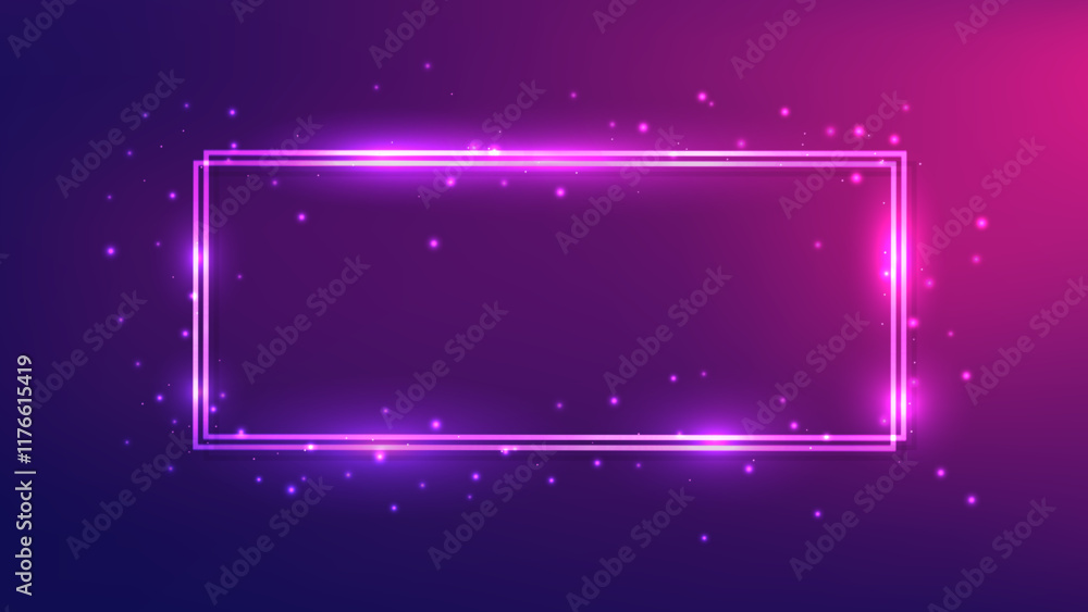 Poster neon double rectangular frame with shining effects and sparkles
