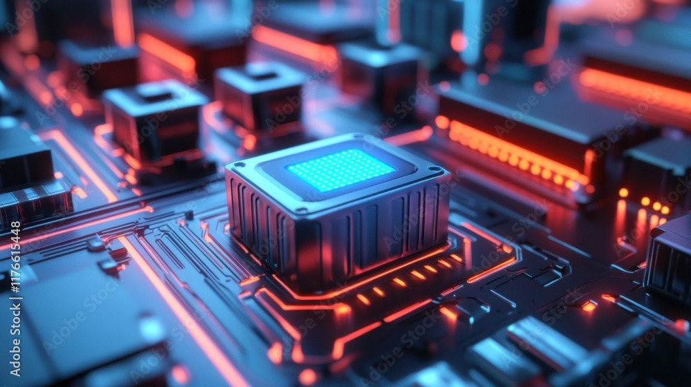 Poster futuristic circuit board technology closeup: advanced microchip design with neon red and blue illumi