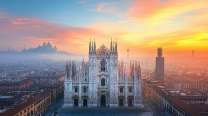 Fototapeta premium Majestic Milan Cathedral with its iconic Gothic spires and domes silhouetted against a vibrant golden sunset sky showcasing the stunning cityscape of Milan a popular tourist destination in Italy