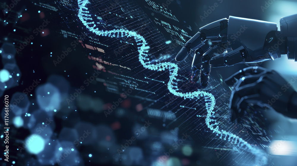 Poster robot hand reaching towards digital data, symbolizing technology and innovation in artificial intell