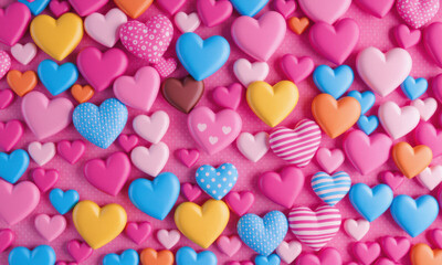Fototapeta premium vibrant assortment of colorful heart shapes in various sizes and patterns creates lively and cheerful background. hearts are arranged on pink surface, showcasing playful and romantic theme