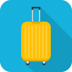 Tourist suitcase on wheels, tourist suitcase icon on a blue background with shadow. Vector, cartoon illustration. Vector.