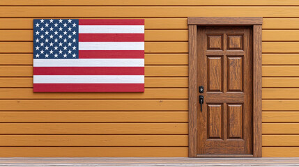 Fototapeta premium wooden door beside vibrant orange wall featuring national flag. flag red, white, and blue colors contrast beautifully with warm tones of wall, creating welcoming atmosphere