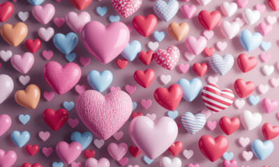 Obraz premium vibrant array of colorful heart shapes in pink, red, blue, and white creates lively and romantic background. hearts vary in patterns and textures, adding depth and charm to scene