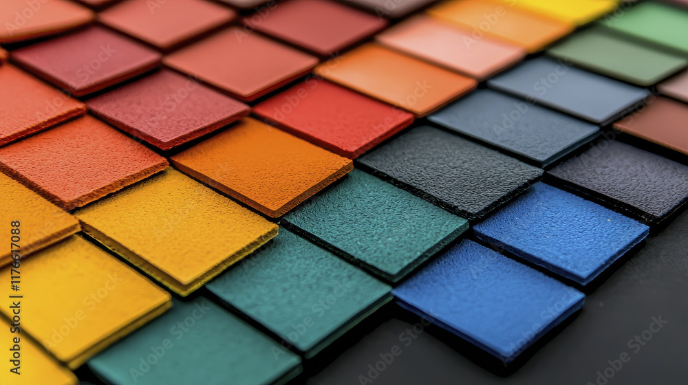 Poster vibrant color swatches arranged in gradient display, showcasing various shades from red to blue. per