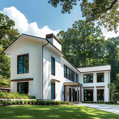 Modern two-story Georgia home with white exterior, bronze trim, and sky blue windows. Lush greenery and contemporary design make it a perfect suburban retreat.