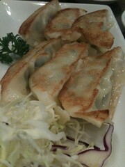 Gyoza and cabbage on a white plate