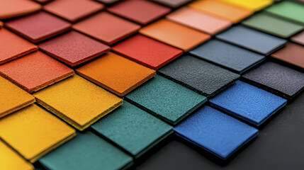 Fototapeta premium Vibrant color swatches arranged in gradient display, showcasing various shades from red to blue. Perfect for design inspiration and color selection