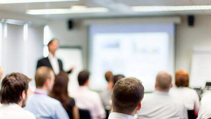 Fototapeta premium Professional Business Presentation Scene: A blurred business presentation in a conference room, emphasizing a business leader speaking. 
