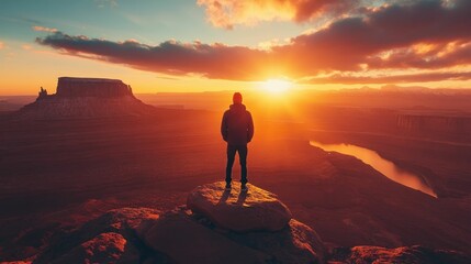 Fototapeta premium Lone adventurer silhouetted against a breathtaking dramatic mountainous landscape at sunset The individual stands tall contemplating the vast picturesque wilderness before them