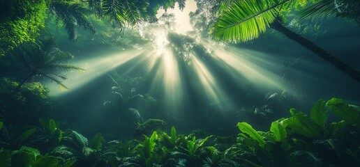 Sunbeams in lush jungle canopy. Tropical rainforest scene, nature background