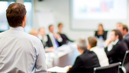 Blurred Boardroom Presentation: A blurred corporate boardroom with a focused business executive leading a presentation.
