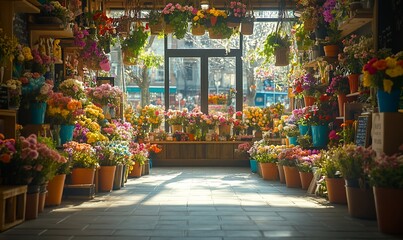 Fototapeta premium Sunny Parisian flower shop, colorful blooms, city view