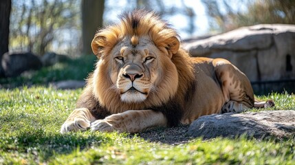 A majestic lion relaxing and basking in the warm golden sunlight of the African savanna  The powerful predator exudes a regal presence its piercing eyes and impressive mane commanding attention